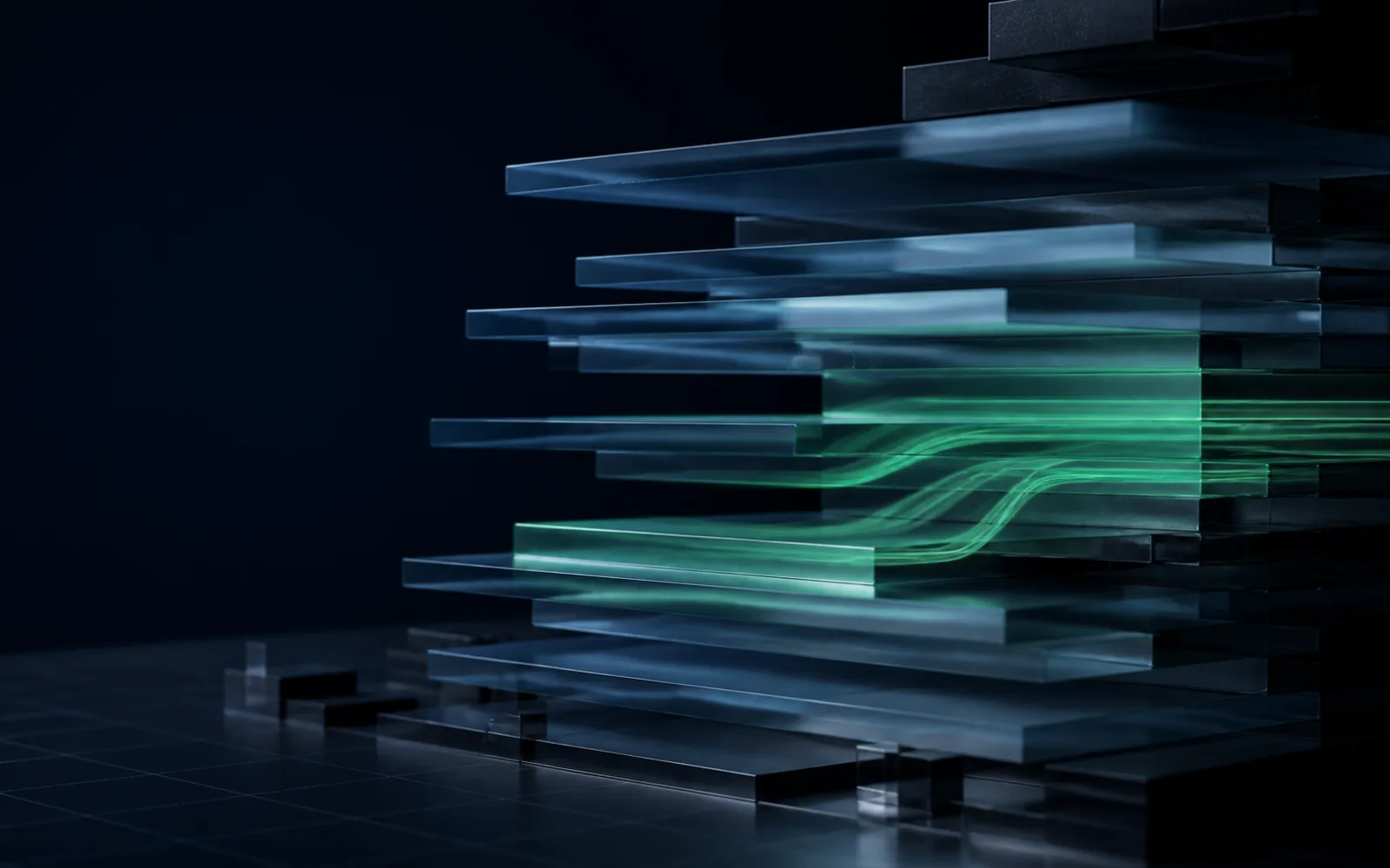 Abstract market-liquidity scene made from layered grids and green light bands